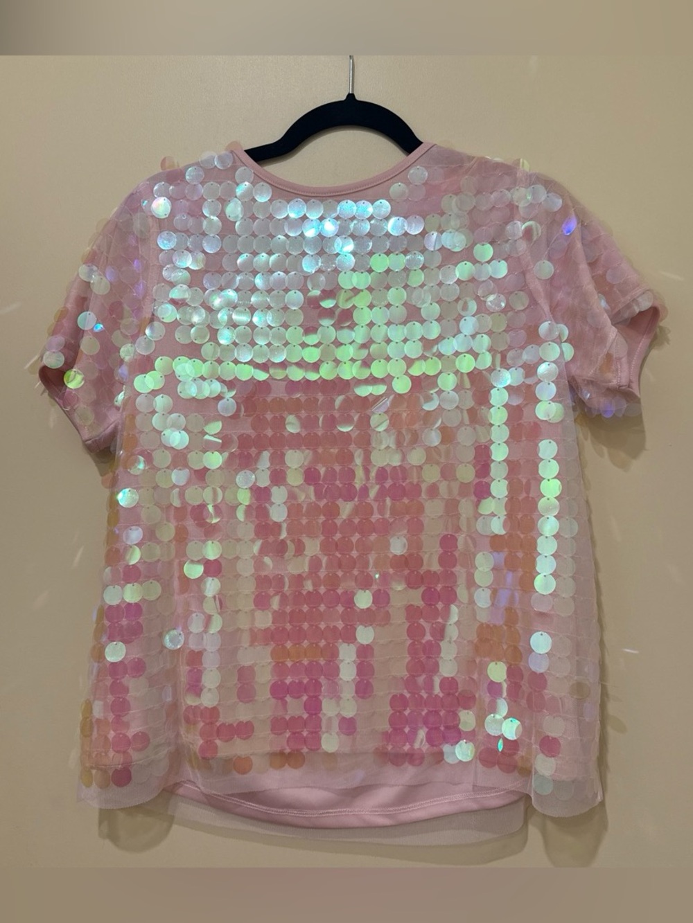 Girls Pink Iridescent Sequin Short Sleeve Tee